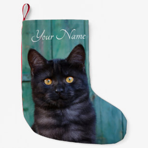 Cute Black Cat Kitten with Blue Door Photo - Name Small Christmas Stocking
