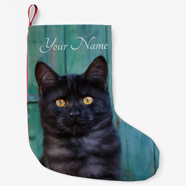 Cute Black Cat Kitten with Blue Door Photo - Name Small Christmas Stocking (Front)