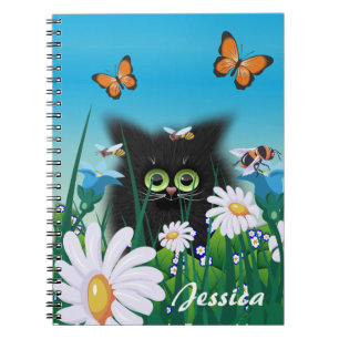 Cute Black Cat Kitten with Daisies Personalised Notebook