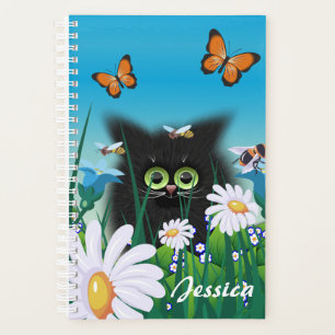 Cute Black Cat Kitten with Daisies Personalised Planner