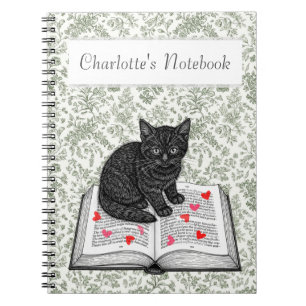 Cute Black Cat Kitten with Hearts Whimsical Goth Notebook