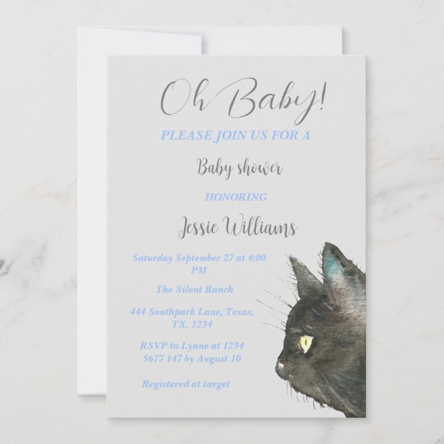 Cute Black Cat Kitty Kitten Blue Baby boy shower  Invitation (Front)