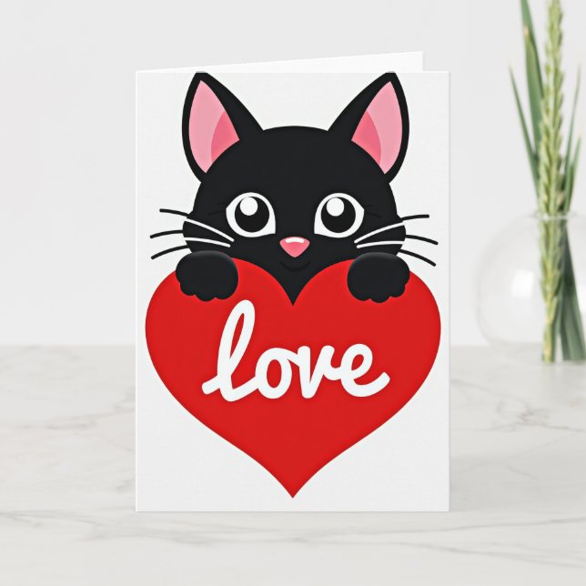 Cute Black Cat Love Heart Card (Front)