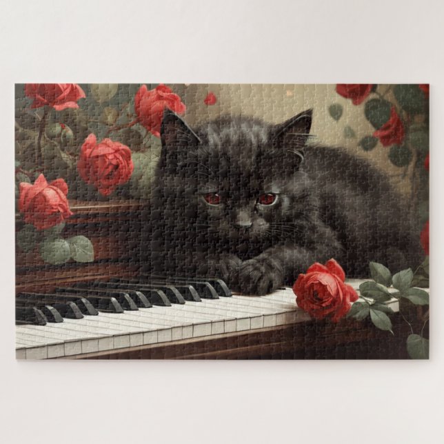 Cute black cat lying on piano jigsaw puzzle (Horizontal)
