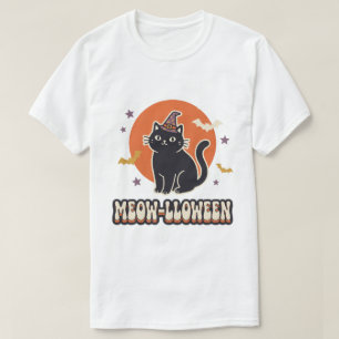 Cute Black Cat Meow-lloween Retro Witch Hat Art T-Shirt