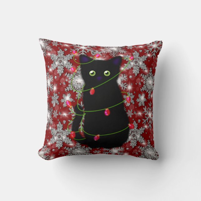 Cute black cat Meowy Christmas sparkling snowflake Cushion (Front)