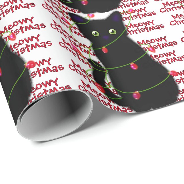 Cute Black cat Meowy Christmas twinkle lights  Wrapping Paper (Roll Corner)