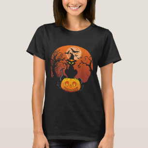 Cute Black Cat Moon Pumpkin Funny Halloween Horror T-Shirt