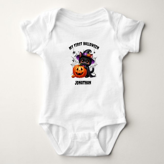 Cute Black Cat My First Halloween Pumpkin  Baby Bodysuit (Front)