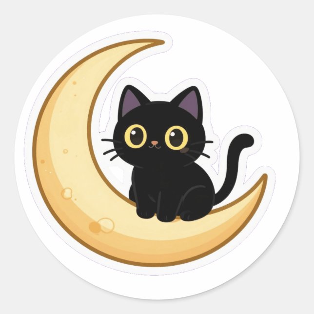 Cute Black Cat on Crescent Moon Sticker (Front)