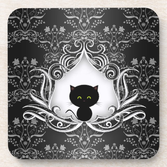 Cute Black Cat on Damask Coaster (Front)