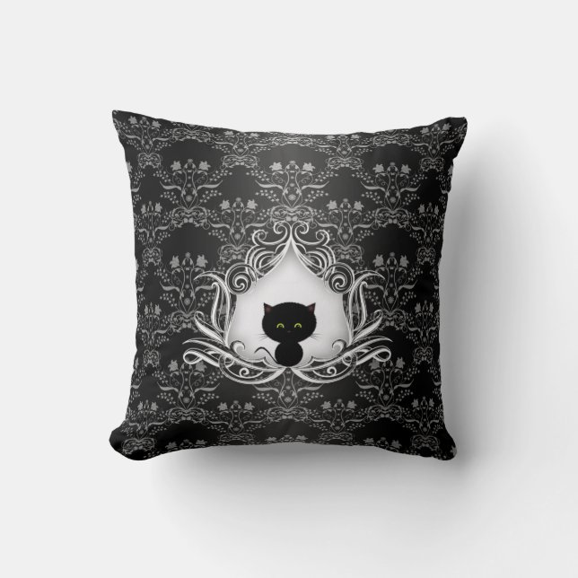 Cute Black Cat on Damask Cushion (Front)