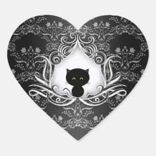 Cute Black Cat on Damask Heart Sticker