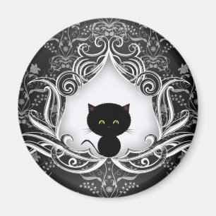 Cute Black Cat on Damask Magnet