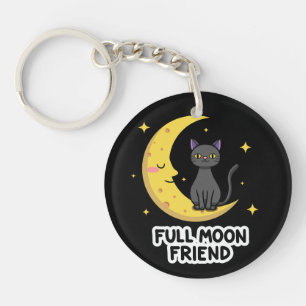 Cute Black Cat on Moon - Full Moon Friend Key Ring