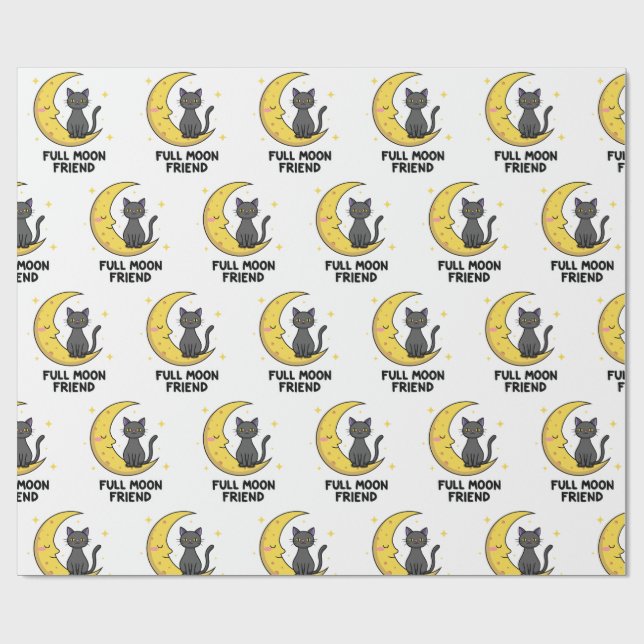 Cute Black Cat on Moon - Full Moon Friend Wrapping Paper (Flat)