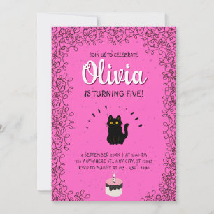 Cute Black Cat on Pink Party Celebration Invitation