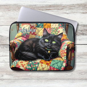 Cute Black Cat on Rocking Chair Personalized Laptop Sleeve