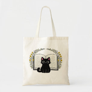 Cute Black Cat Open Book Yellow Flower Wreath Tote Bag