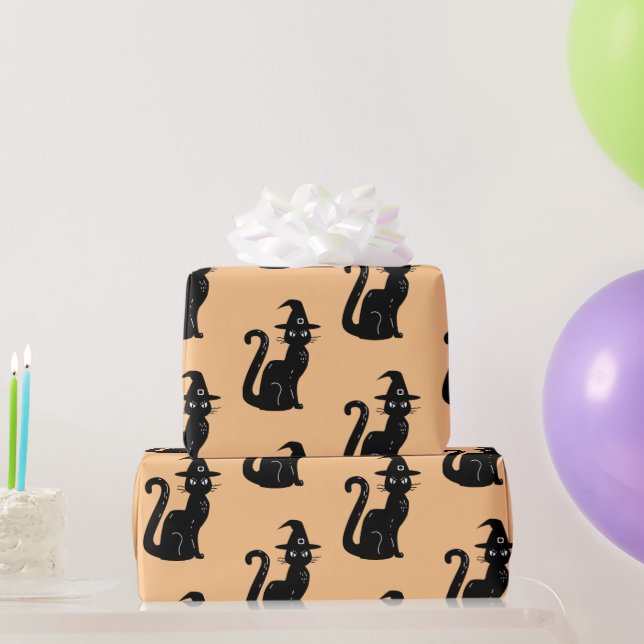 Cute Black Cat Orange Halloween Kids Wrapping Paper (Party Gifts)