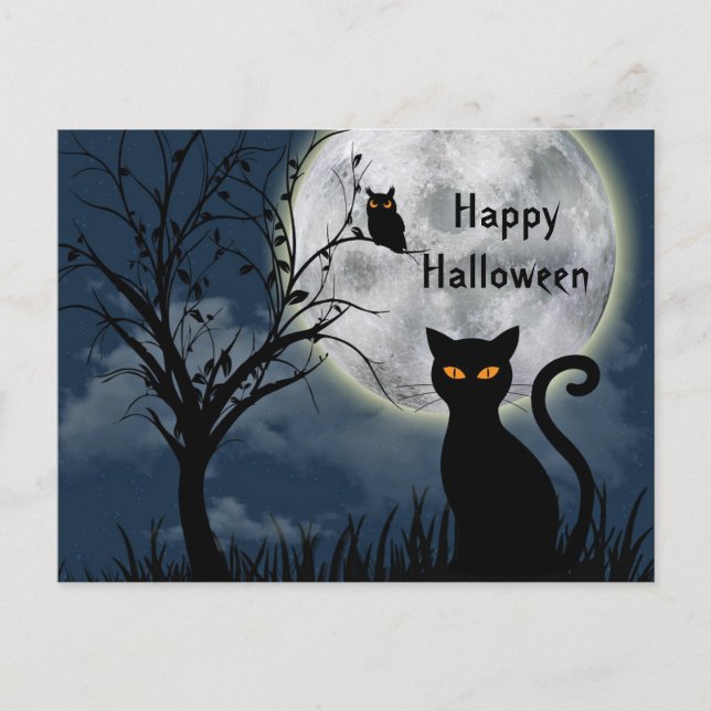 Cute Black Cat Owl Moon Graphic Halloween Postcard (Front)