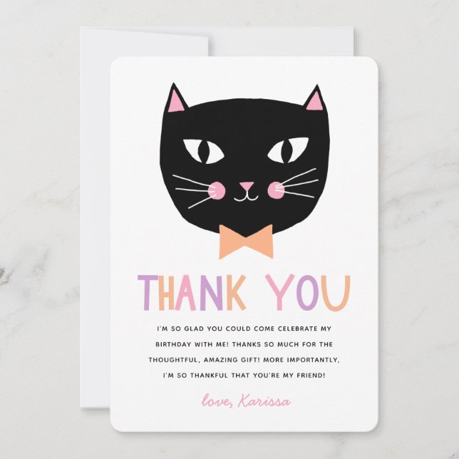 Cute Black Cat Pastel Thank You Birthday Card (Front)
