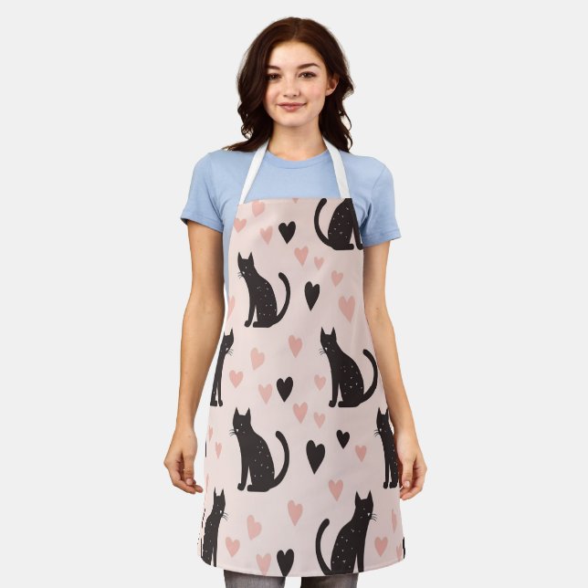 Cute Black Cat Pattern Apron - Hearts & Whiskers  (Worn)
