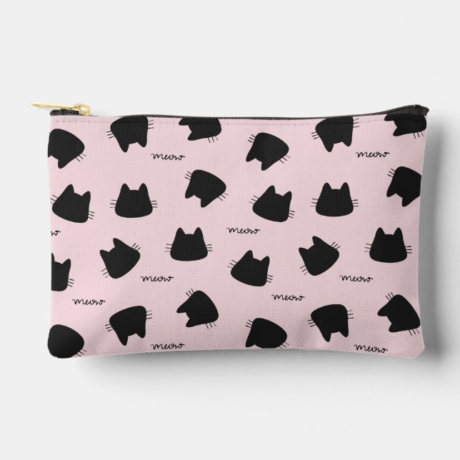 Cute Black Cat Pattern Pink Meow Kitty Accessory Pouch (Front)