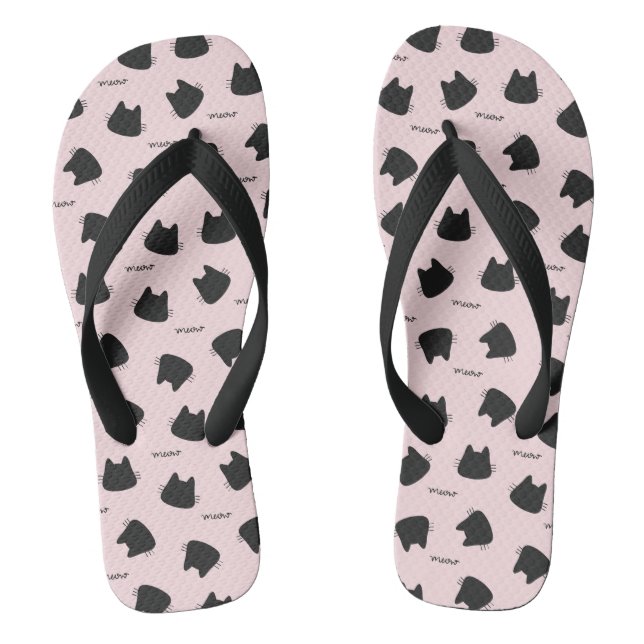 Cute Black Cat Pattern Pink Meow Kitty Thongs (Footbed)