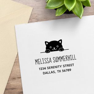 Cute Black Cat Peeking above Address 2 Rubber Stamp