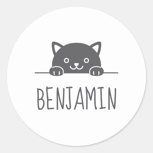 Cute Black Cat Peeking above Custom Name Classic Round Sticker (Front)