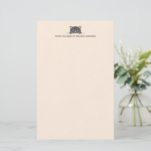 Cute Black Cat Peeking above Custom Text Beige Stationery