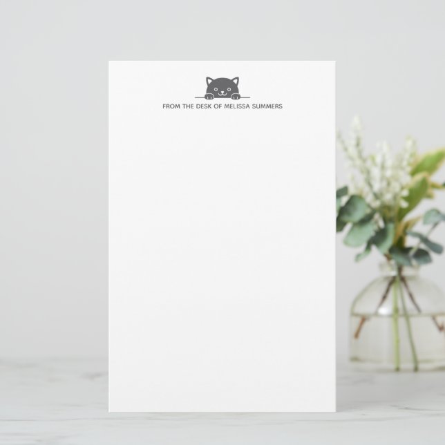 Cute Black Cat Peeking above Custom Text Stationery (Standing Front)