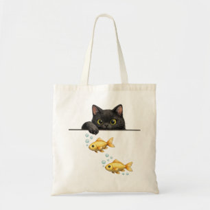Cute Black Cat Peeking at Goldfish Art Tote Bag