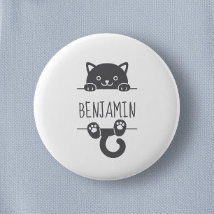 Cute Black Cat Peeking behind Custom Name 2 6 Cm Round Badge