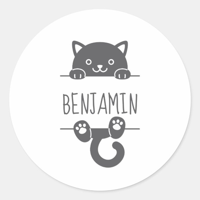 Cute Black Cat Peeking behind Custom Name 2 Classic Round Sticker (Front)