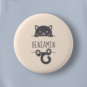 Cute Black Cat Peeking behind Custom Name 6 Cm Round Badge