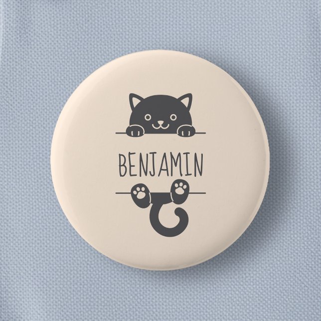 Cute Black Cat Peeking behind Custom Name 6 Cm Round Badge (Creator Uploaded)