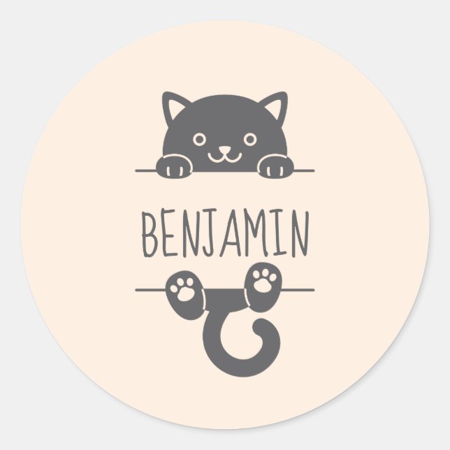 Cute Black Cat Peeking behind Custom Name Classic Round Sticker (Front)