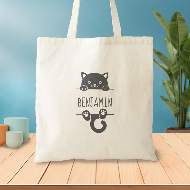 Cute Black Cat Peeking behind Custom Name Tote Bag (Creator Uploaded)