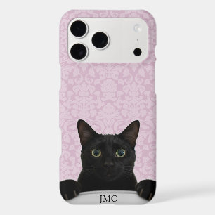 Cute Black Cat Peeking Dusty Pink Damask