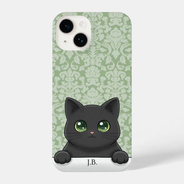 Cute Black Cat Peeking Kawaii Cartoon Green Damask iPhone Case (Back)