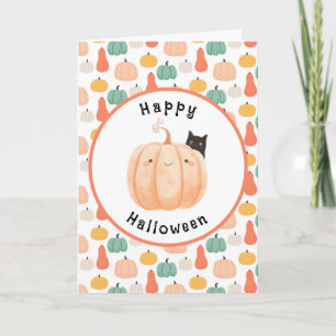 Cute Black Cat Peeking Over a Pumpkin Halloween Card