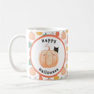 Cute Black Cat Peeking Over a Pumpkin Halloween Coffee Mug