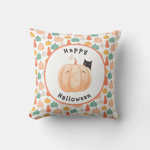 Cute Black Cat Peeking Over a Pumpkin Halloween Cushion