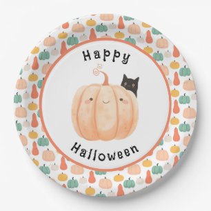 Cute Black Cat Peeking Over a Pumpkin Halloween Paper Plate