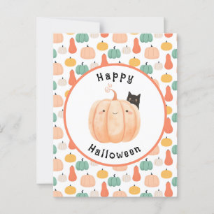Cute Black Cat Peeking Over a Pumpkin Halloween Postcard
