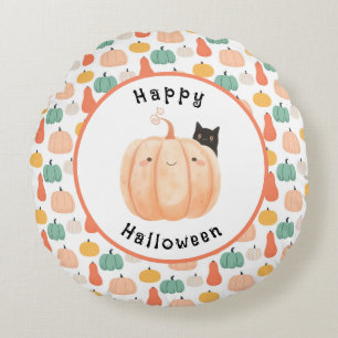 Cute Black Cat Peeking Over a Pumpkin Halloween Round Cushion
