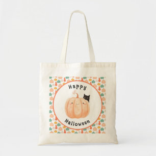 Cute Black Cat Peeking Over a Pumpkin Halloween Tote Bag