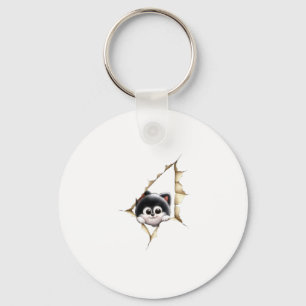 Cute Black Cat Peeking Paper Plate - Funny Animal Key Ring